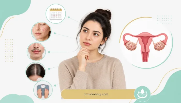 علائم تنبلی تخمدان چیست — تصویر آموزشی علائم شایع تنبلی تخمدان شامل بینظمی قاعدگی، آکنه و افزایش موهای زائد